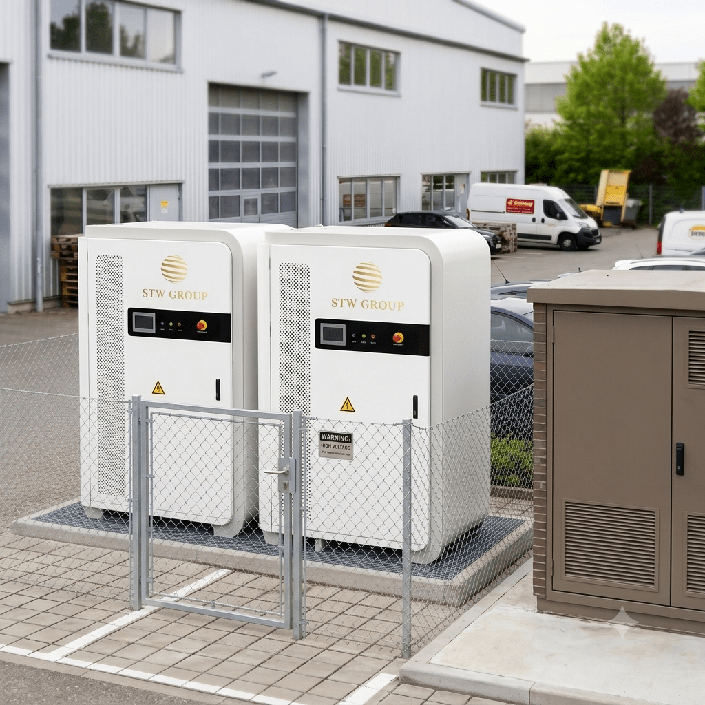 Batteriespeicher auf zwei Stellplätzen neben einer Trafostation auf einem Gewerbegrundstück