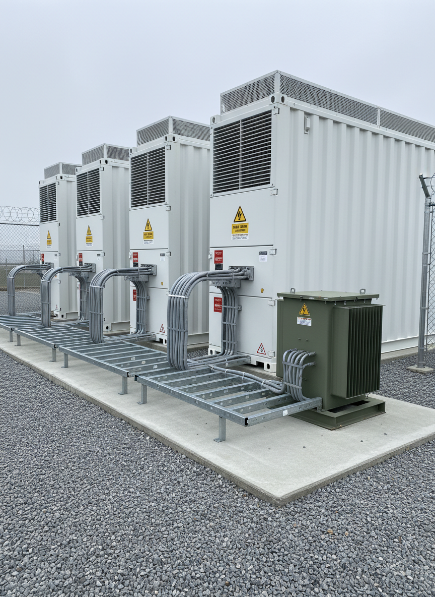 Batteriespeicher-Container mit Netzanschluss und Trafostation auf befestigter Fläche