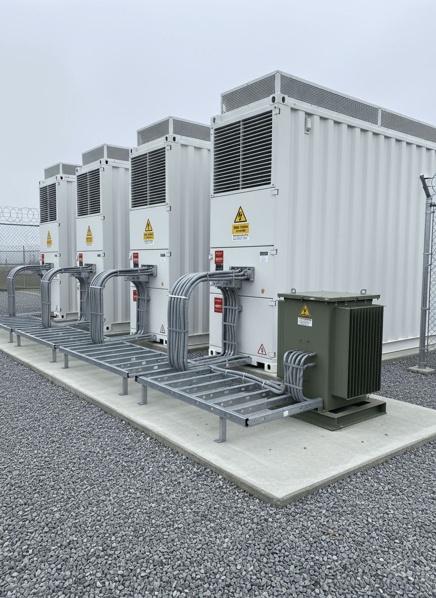 A close, detailed view of a utility-scale battery storage installation, featuring several aligned white steel container units with ventilation grilles, safety markings, and robust cable conduits leading toward a compact transformer station on a concrete pad. Thick, neatly organized power cables curve into metal trays that run along the ground, bounded by a tidy crushed-stone surface and a sturdy metal fence. Overcast daylight provides soft, diffused lighting with minimal contrast, revealing every texture in the painted metal, cabling, and gravel. Shot at eye level with a moderate focal length for true-to-life proportions, the composition centers on the interface between storage units and grid connection. The mood is technical, reliable, and precise, reflecting industrial-grade energy solutions in photographic realism. Alt-text: industrial battery storage containers connected to transformer station, eye-level detail.