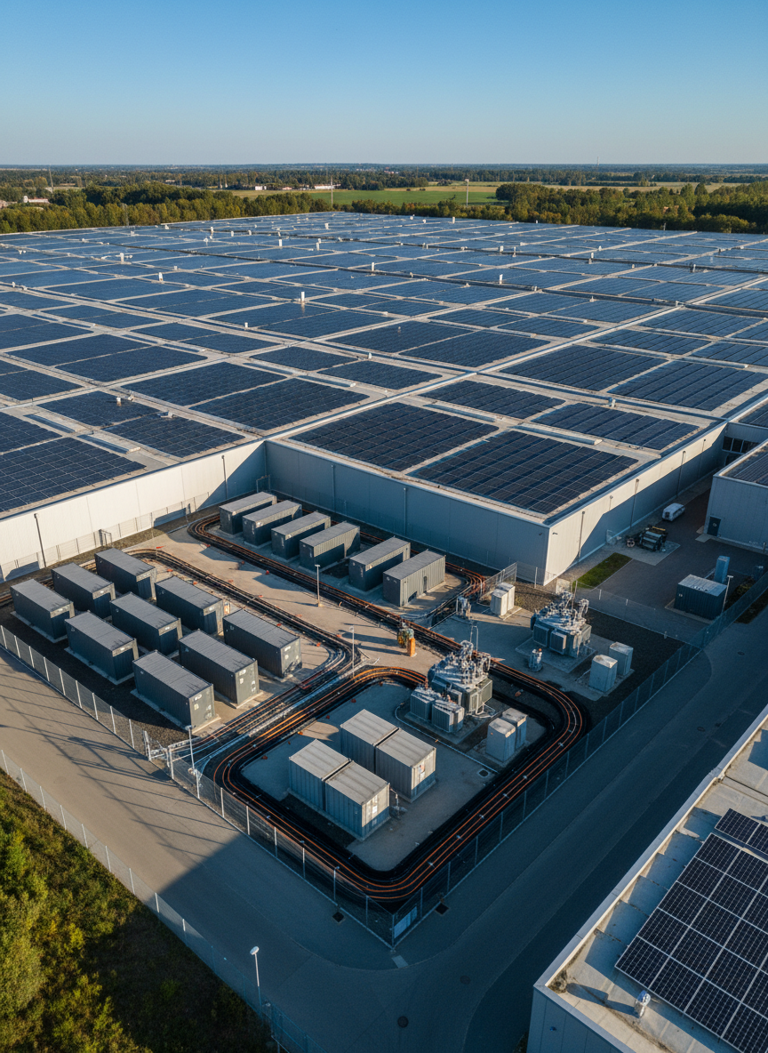 Luftaufnahme eines Gewerbeparks mit Photovoltaik und zentralem Batteriespeicher-Areal
