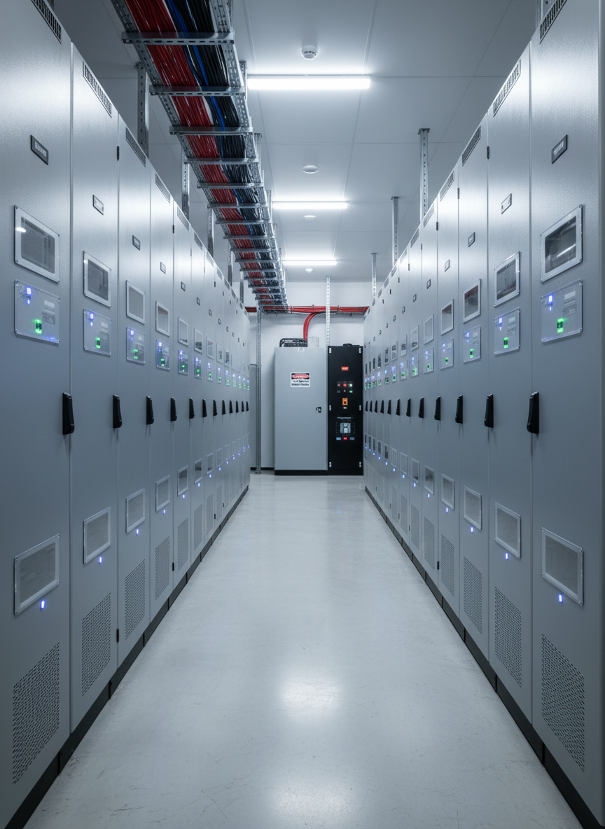 Netzdienlicher Batteriespeicher: Batterieracks mit Trafostation im Technikraum