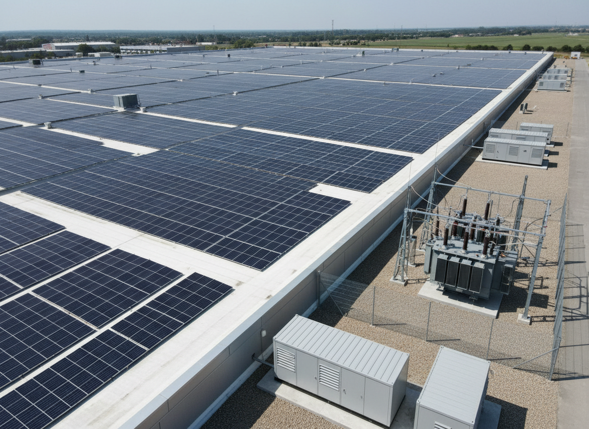 Gewerbedach mit Photovoltaik und Batteriespeicher-Containern an einer Trafostation